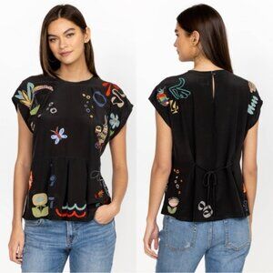 Johnny Was Biya Embroidered Silk Top with adjustable Tie-Back
